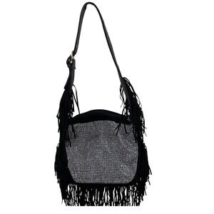 Faux Suede Fringe Rhinestone black Shoulder Bag boho tassels purse‎ tote